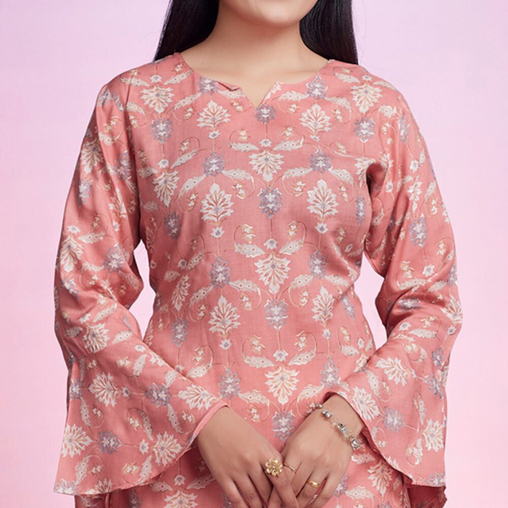 Peach Floral Foil Printed Chanderi Silk Top - Image 3