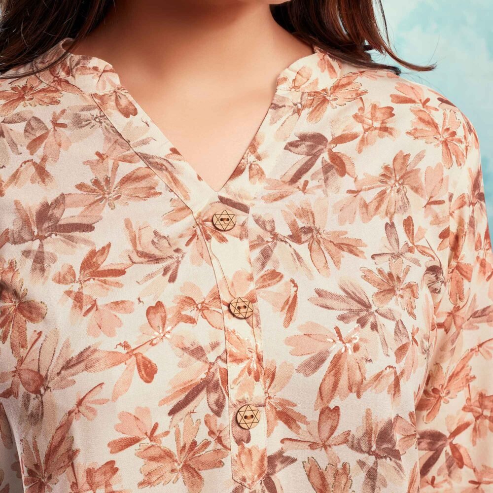 Cream & Peach Floral Foil Printed Rayon Straight Top - Image 3
