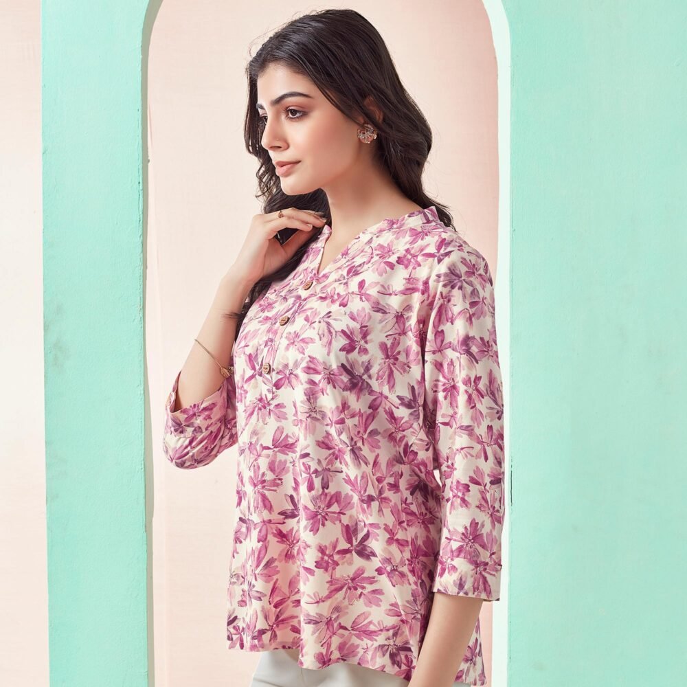 Cream & Pink Floral Foil Printed Rayon Straight Top - Image 4