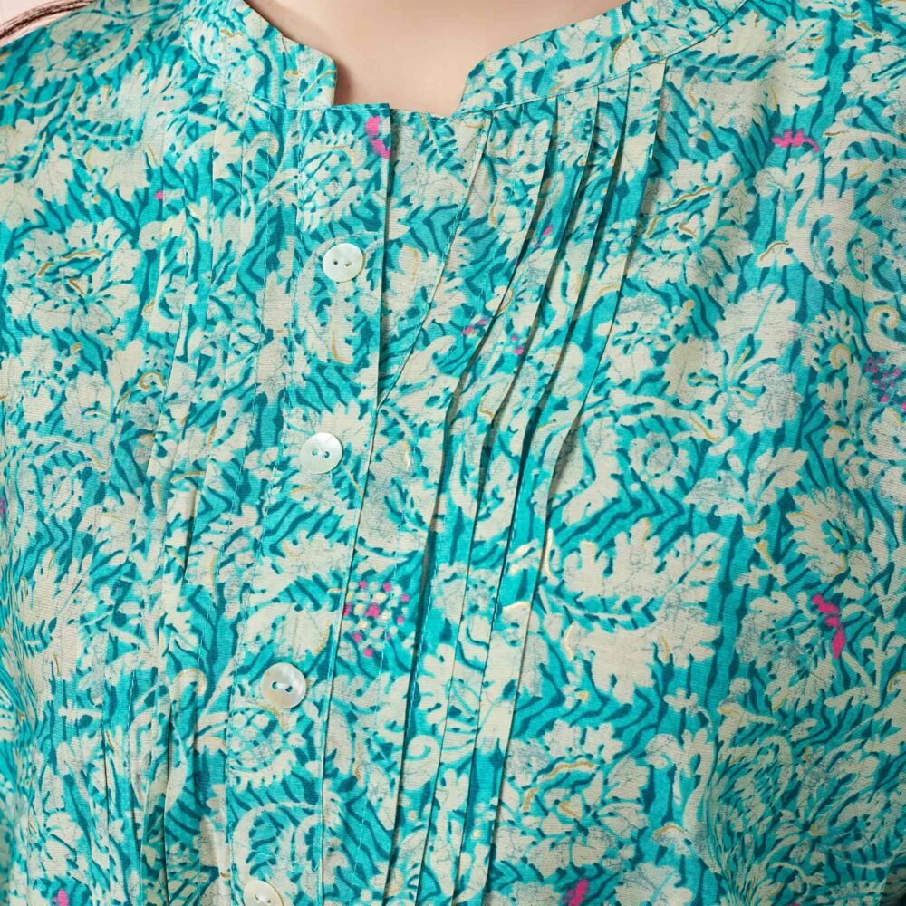 Turquoise Floral Chanderi Silk Straight Top - Image 3