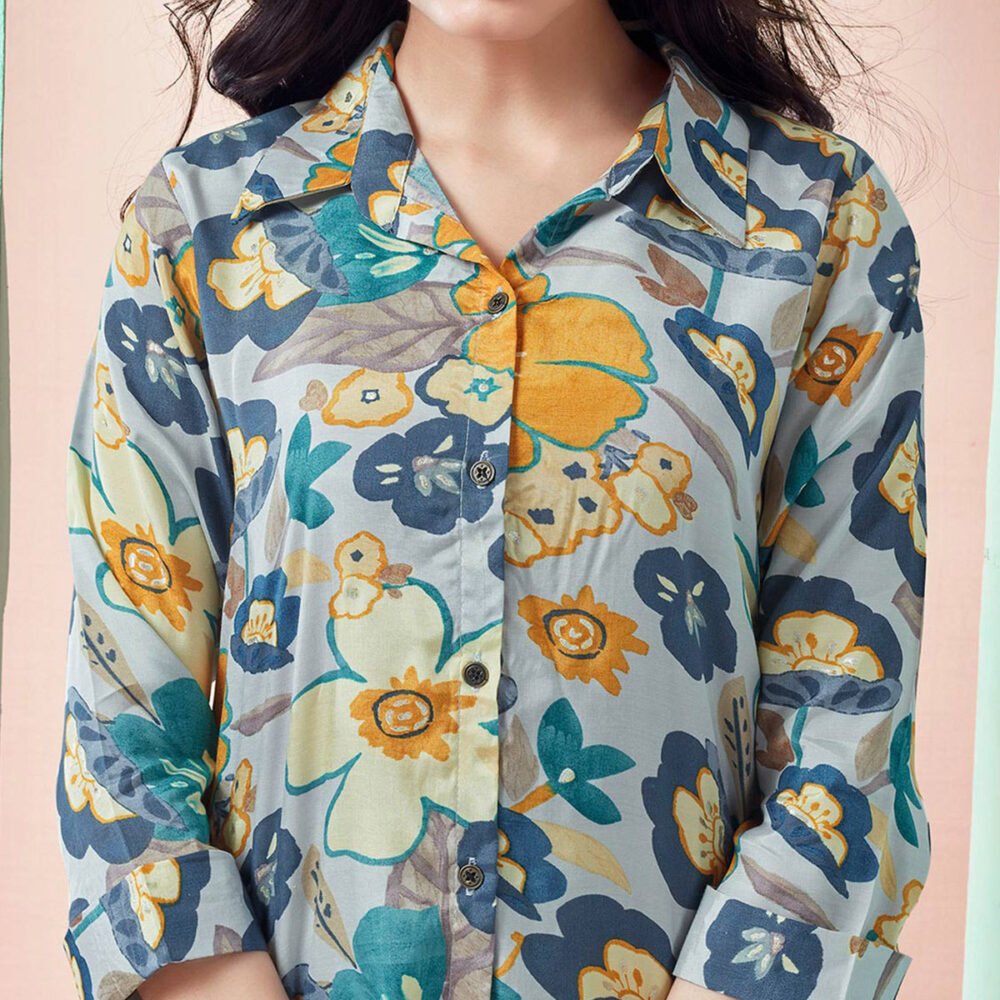 Light Grey Floral Printed Muslin Top - Image 3