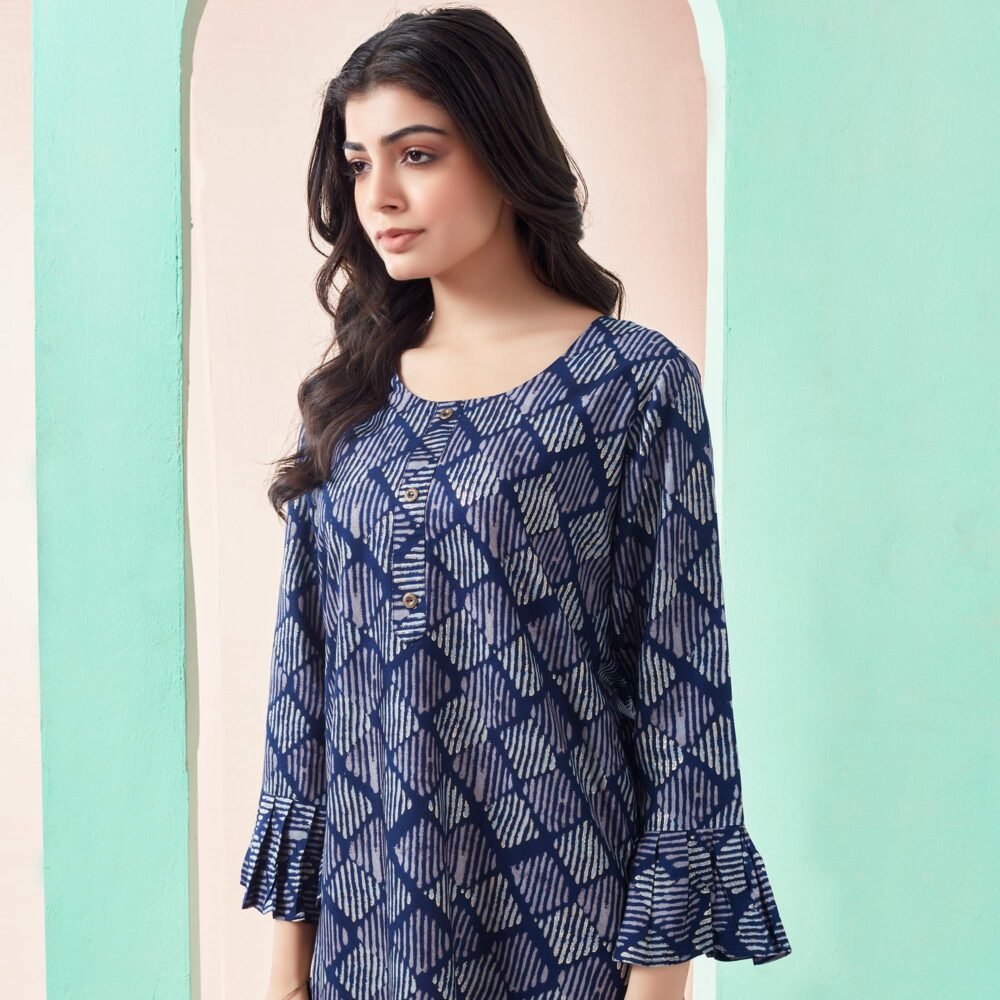 Blue Printed Chanderi Silk Straight Top - Image 4