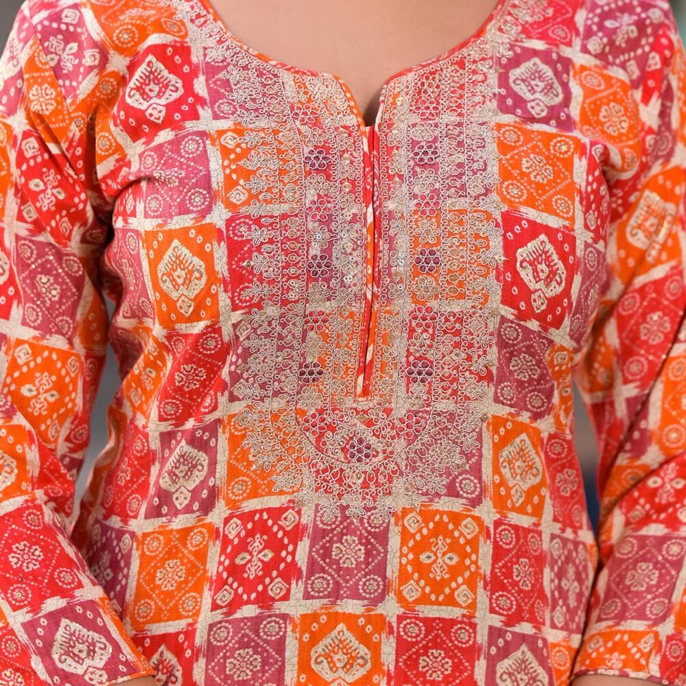 Red & Orange Bandhani Foil Printed Rayon Straight Kurti - Image 4