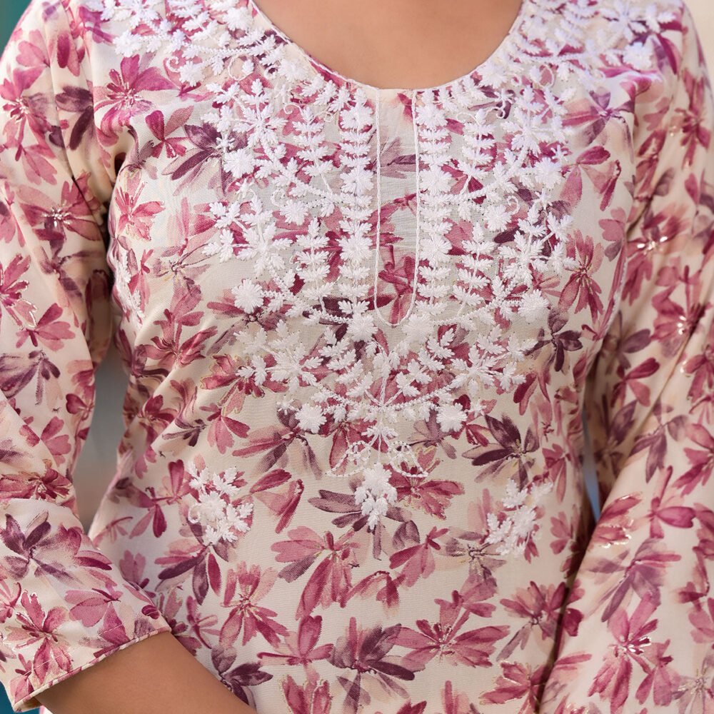 Pink Chikankari Embroidery Rayon Straight Kurti - Image 4