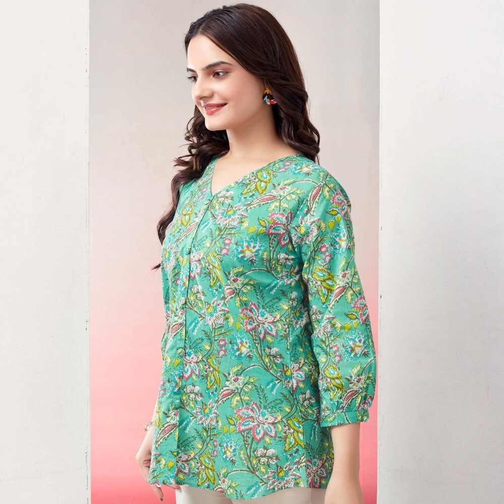 Turquoise Floral Printed Pure Cotton Top - Image 3