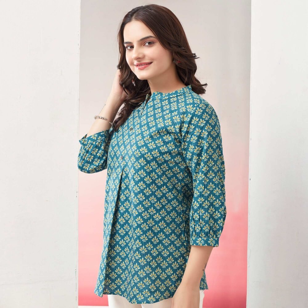 Blue Printed Pure Cotton A-Line Top - Image 3