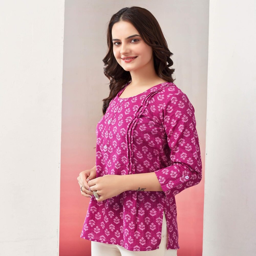 Pink Printed Pure Cotton A-Line Top - Image 3