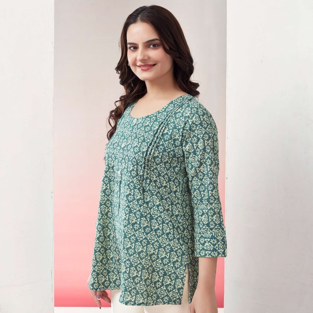 Green Printed Pure Cotton Straight Top - Image 3