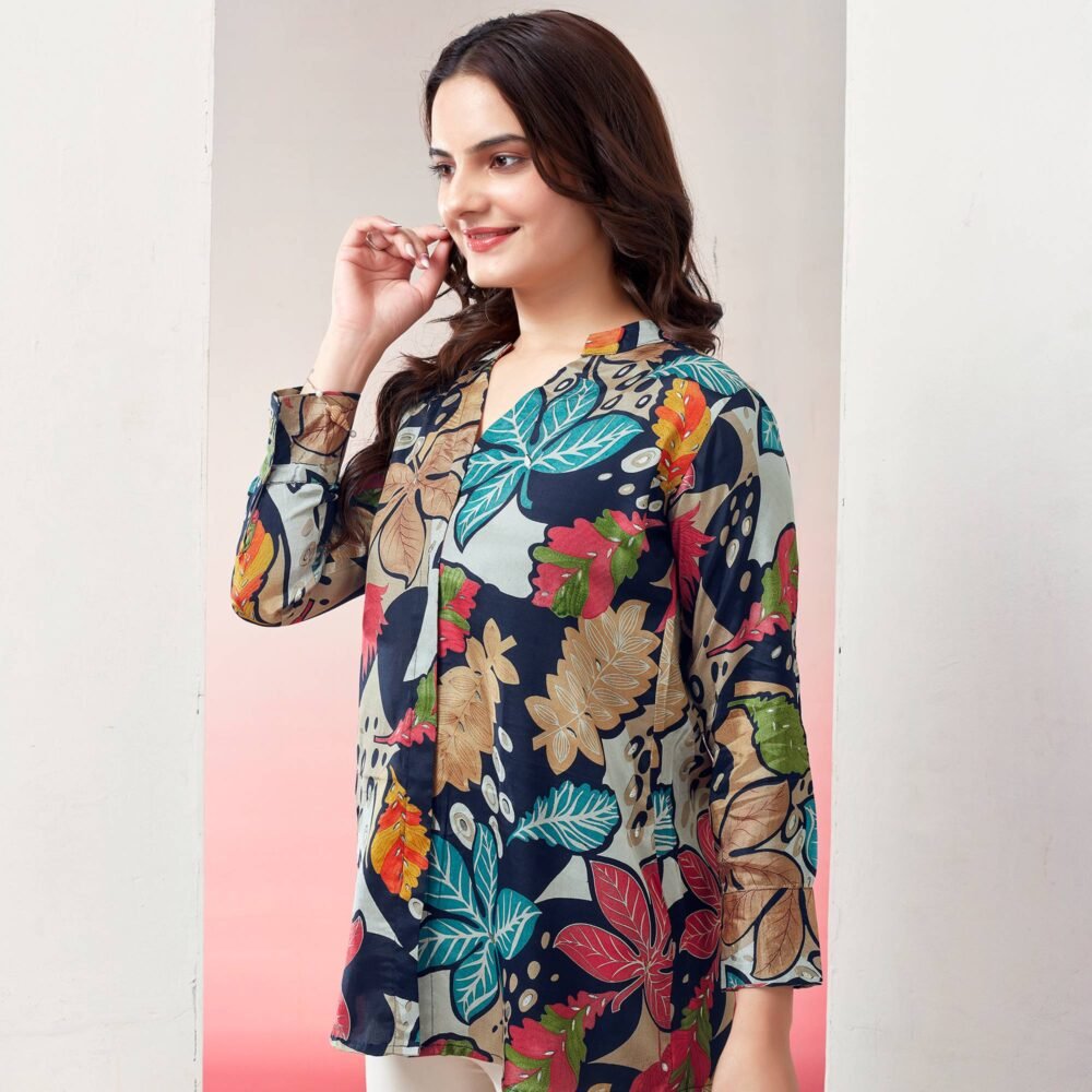 Navy Blue Floral Foil Printed Muslin Top - Image 3