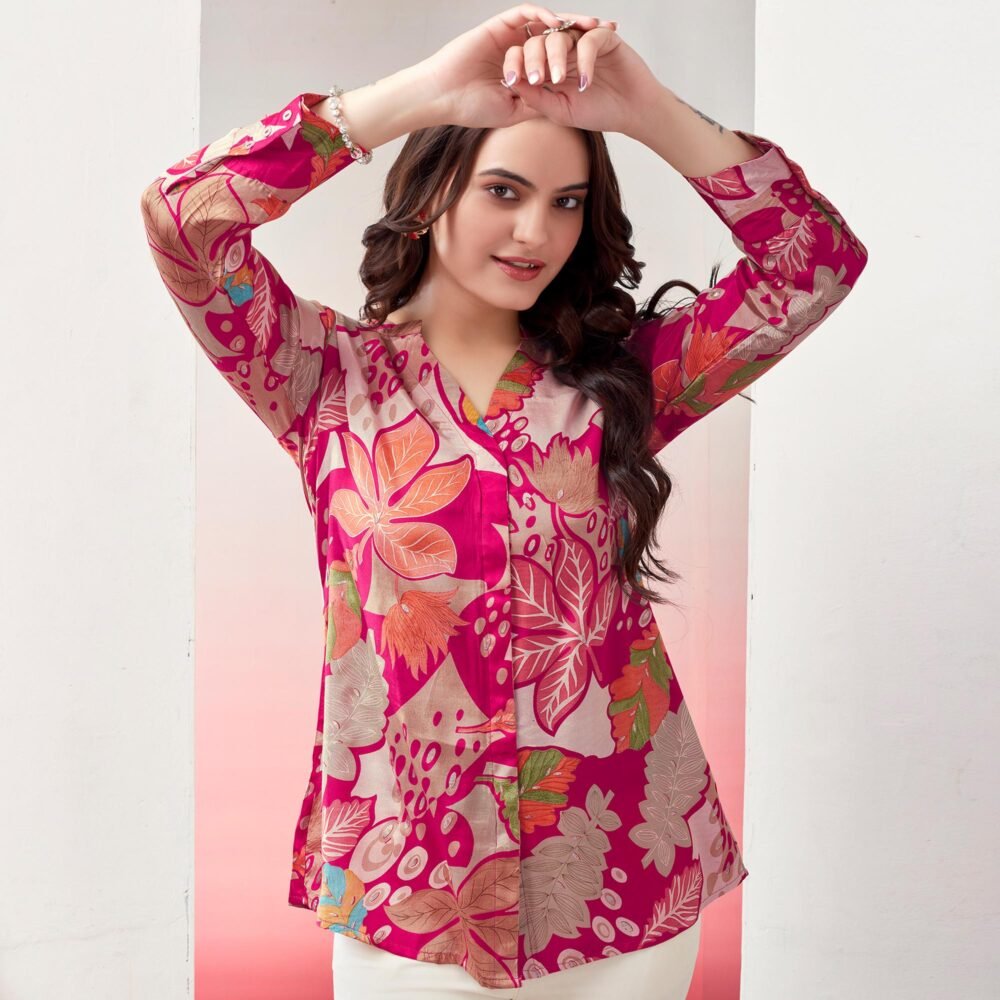 Pink Floral Foil Printed Muslin Top - Image 3