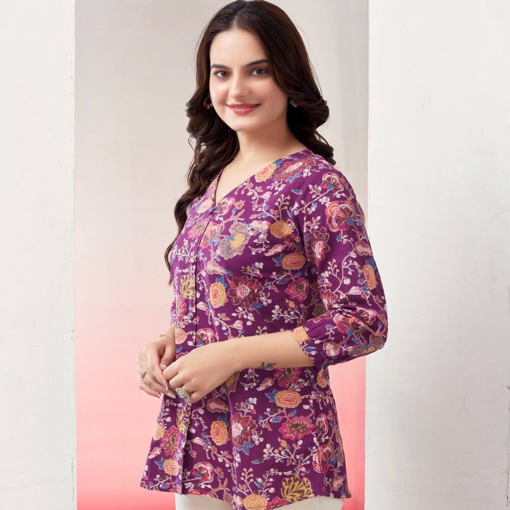 Purple Floral Printed Pure Cotton Top - Image 3