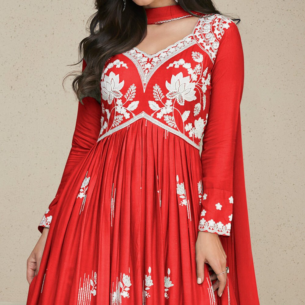 Red Lucknowi Embroidered Rayon Palazzo Suit - Image 3