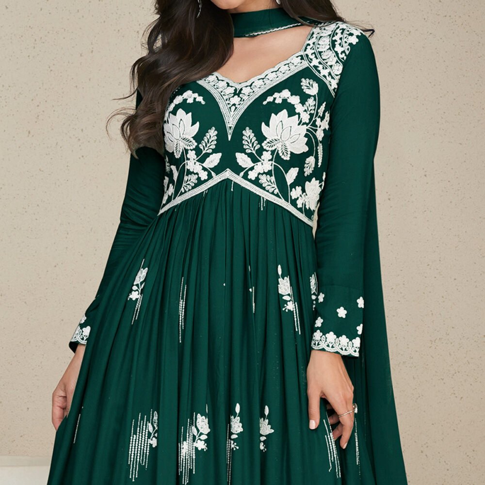 Green Lucknowi Embroidered Rayon Palazzo Suit - Image 3