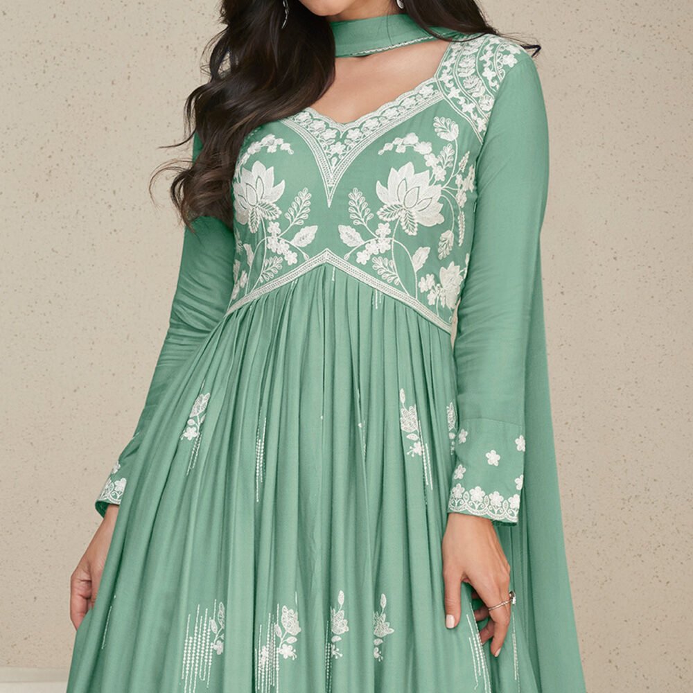Green Lucknowi Embroidered Rayon Palazzo Suit - Image 4