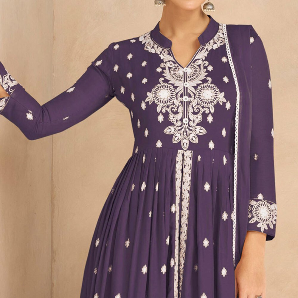 Purple Floral Embroidered Rayon Palazzo Suit - Image 3