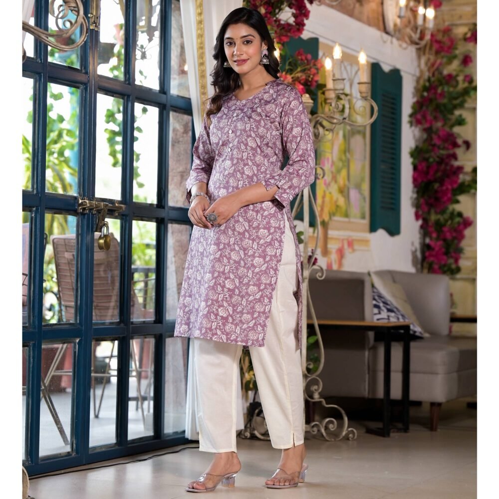 Purple Floral Printed Rayon Straight Kurti - Image 5