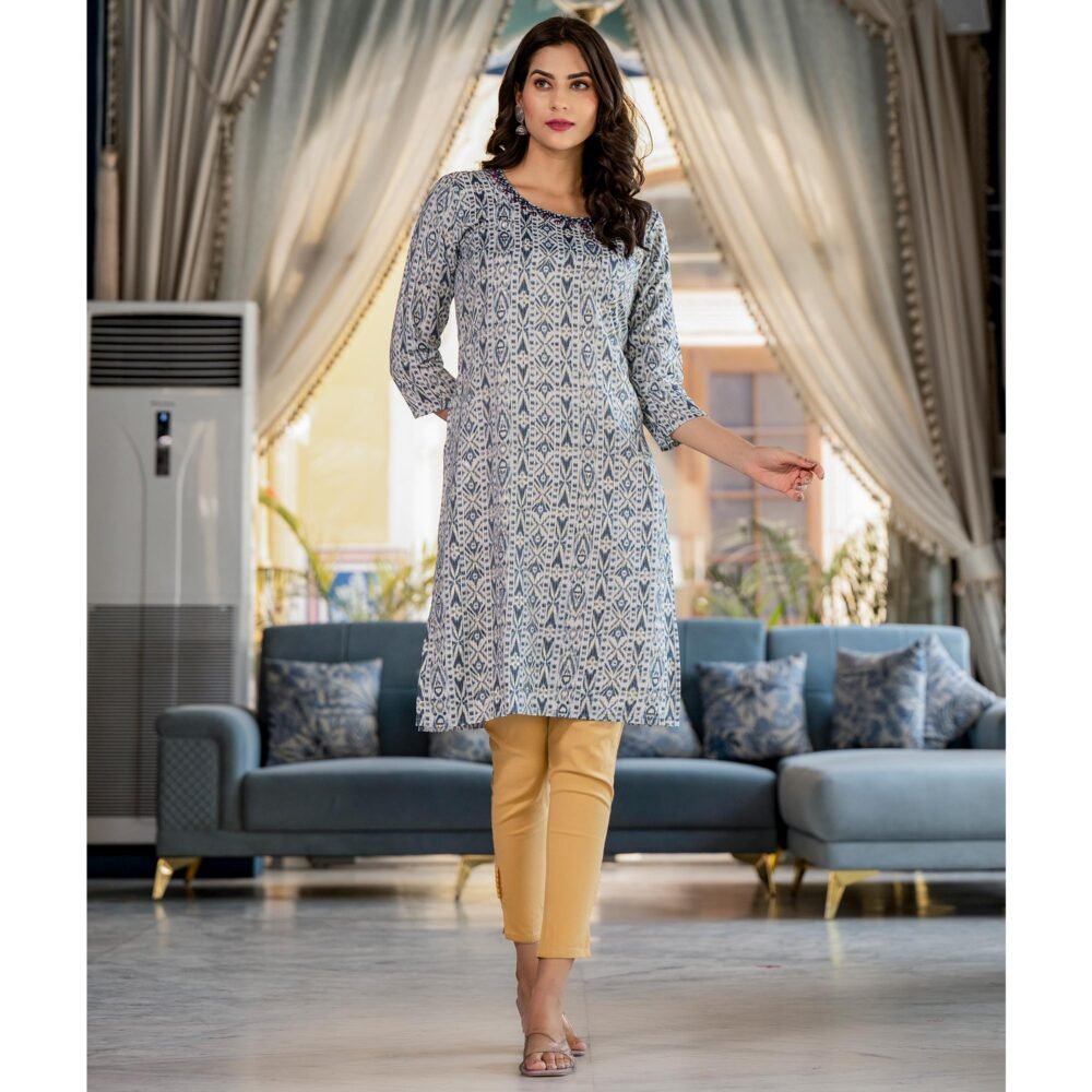 White & Blue Printed Rayon Straight Kurti - Image 4