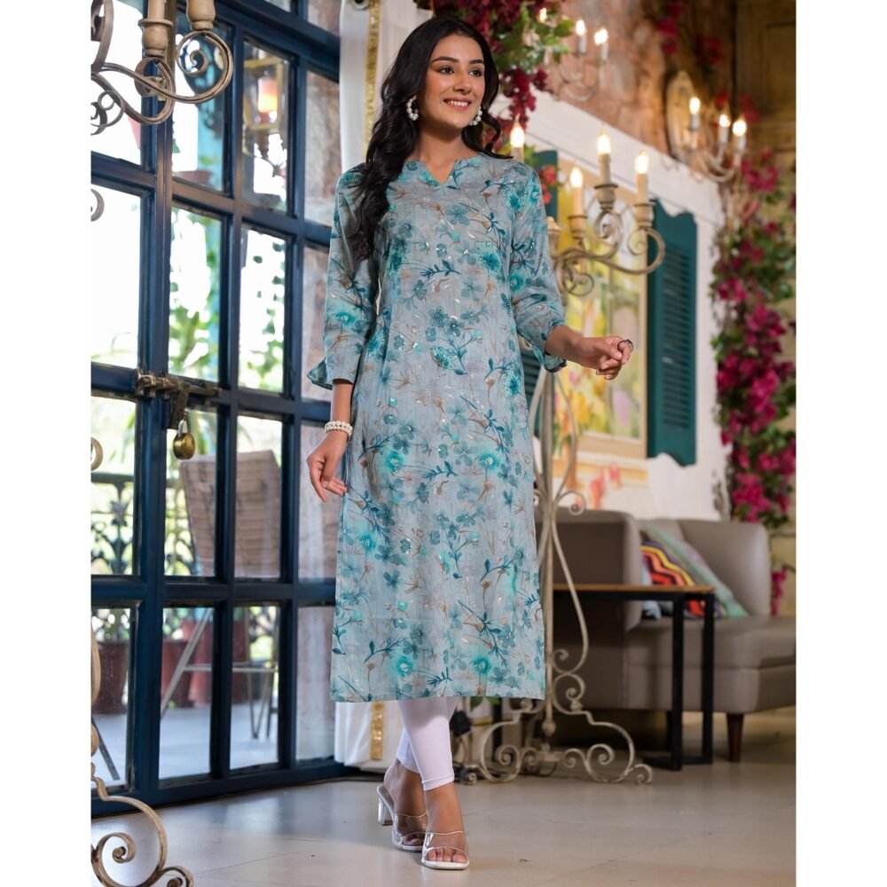 Blue Floral Foil Printed Mulmul Cotton Straight Kurti - Image 4