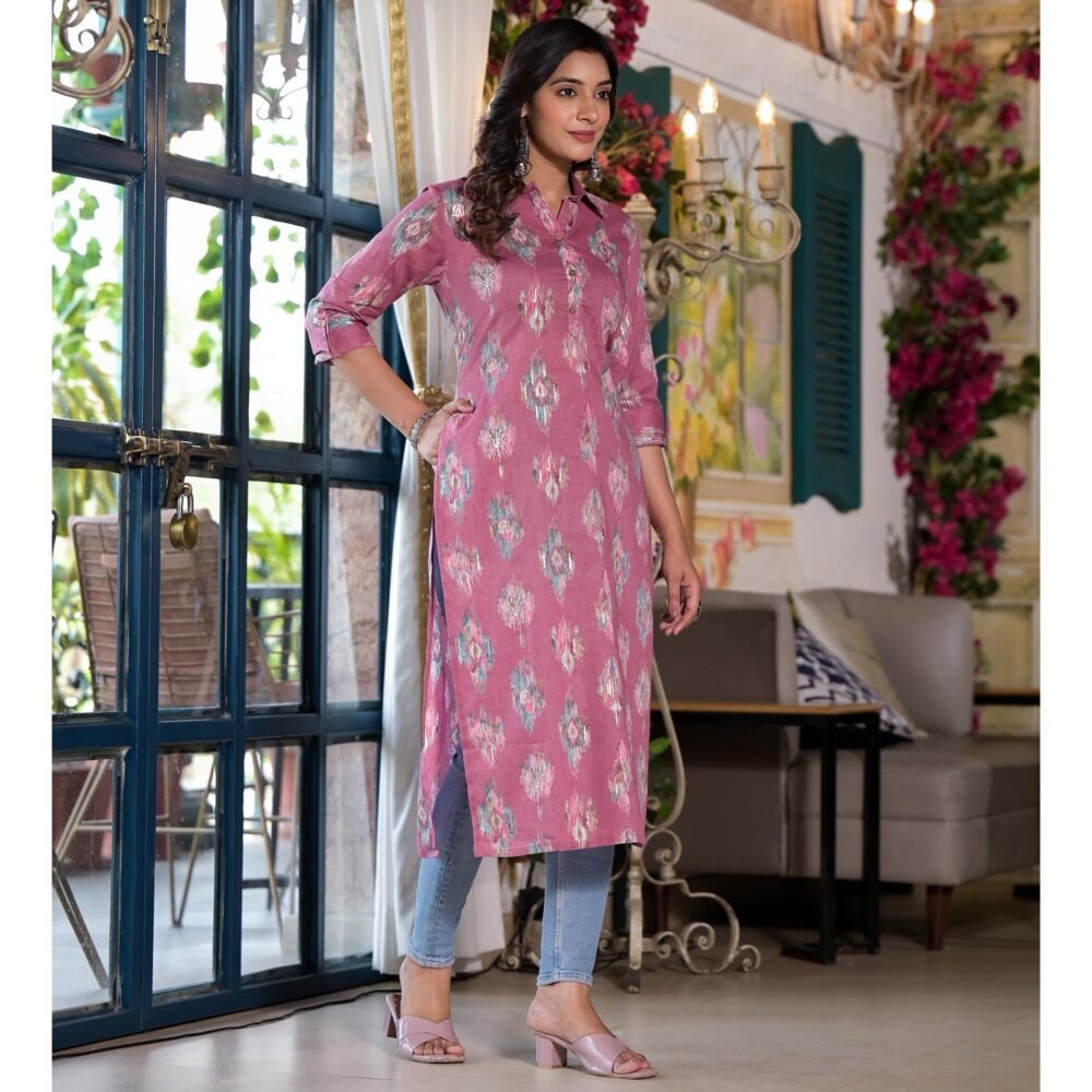 Purple Ikkat Foil Printed Pure Cotton Straight Kurti - Image 5