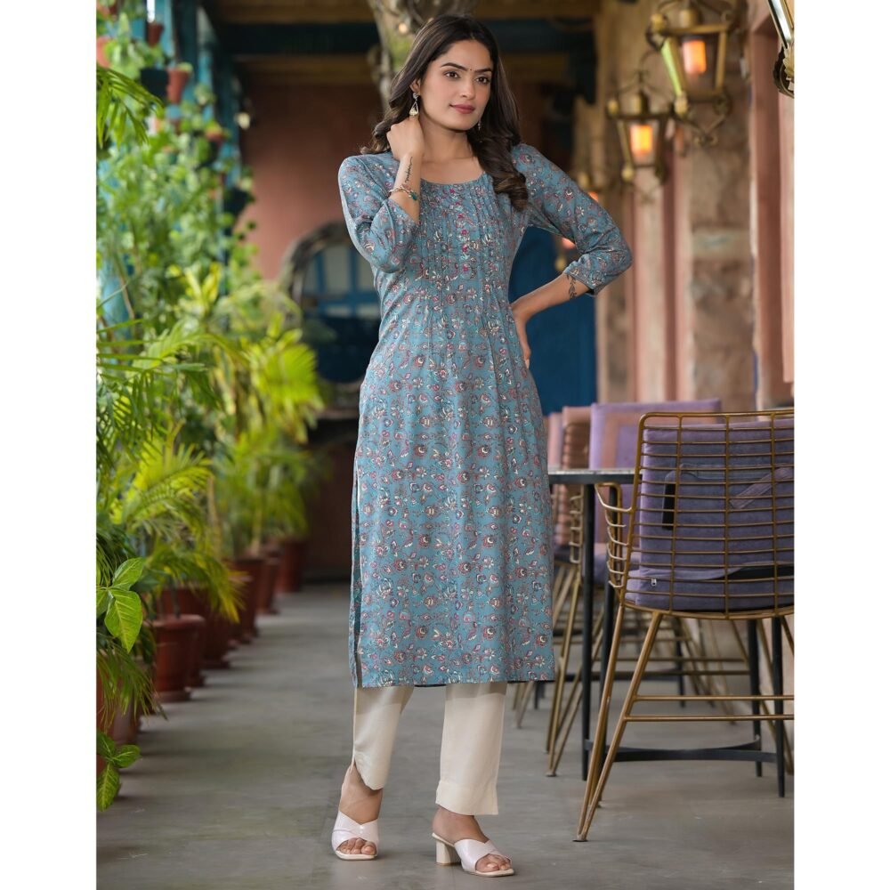 Bluish Grey Floral Printed Rayon Straight kurti - Image 5