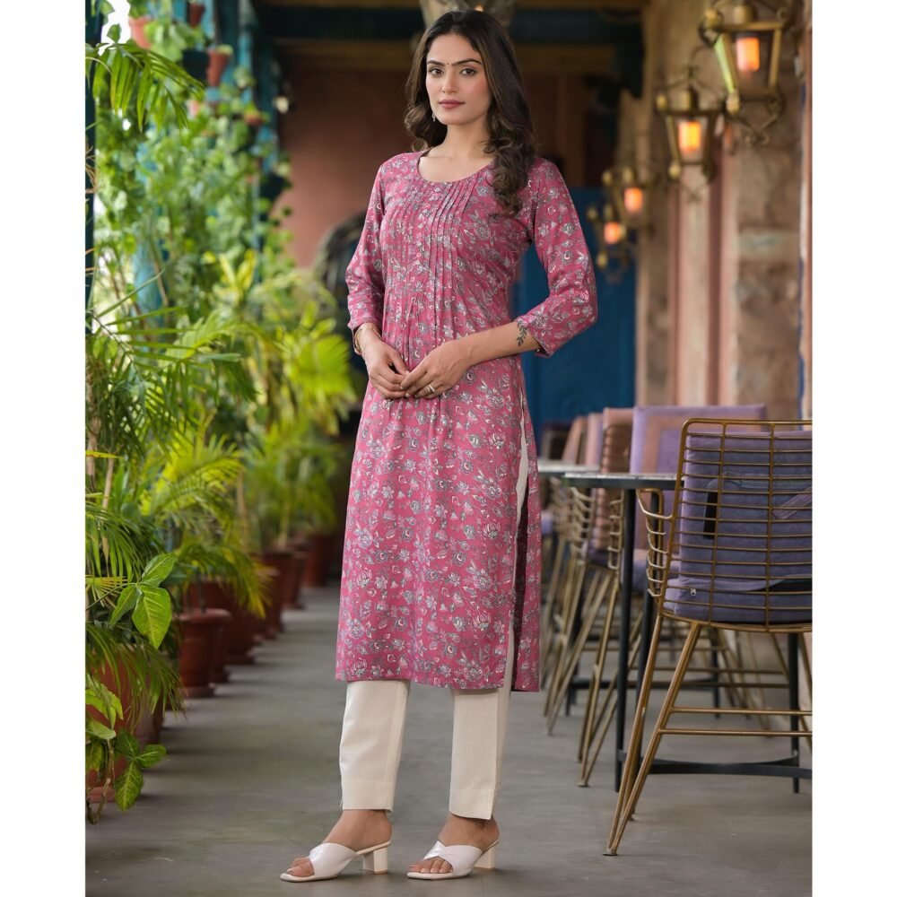 Pink Floral Printed Rayon Straight kurti - Image 5