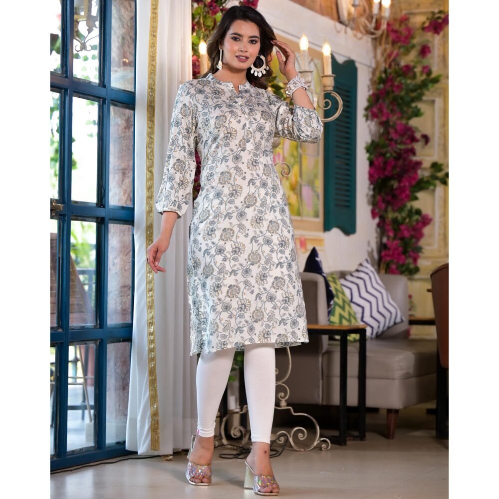 Grey Floral Foil Printed Chanderi Silk Kurti - Image 4