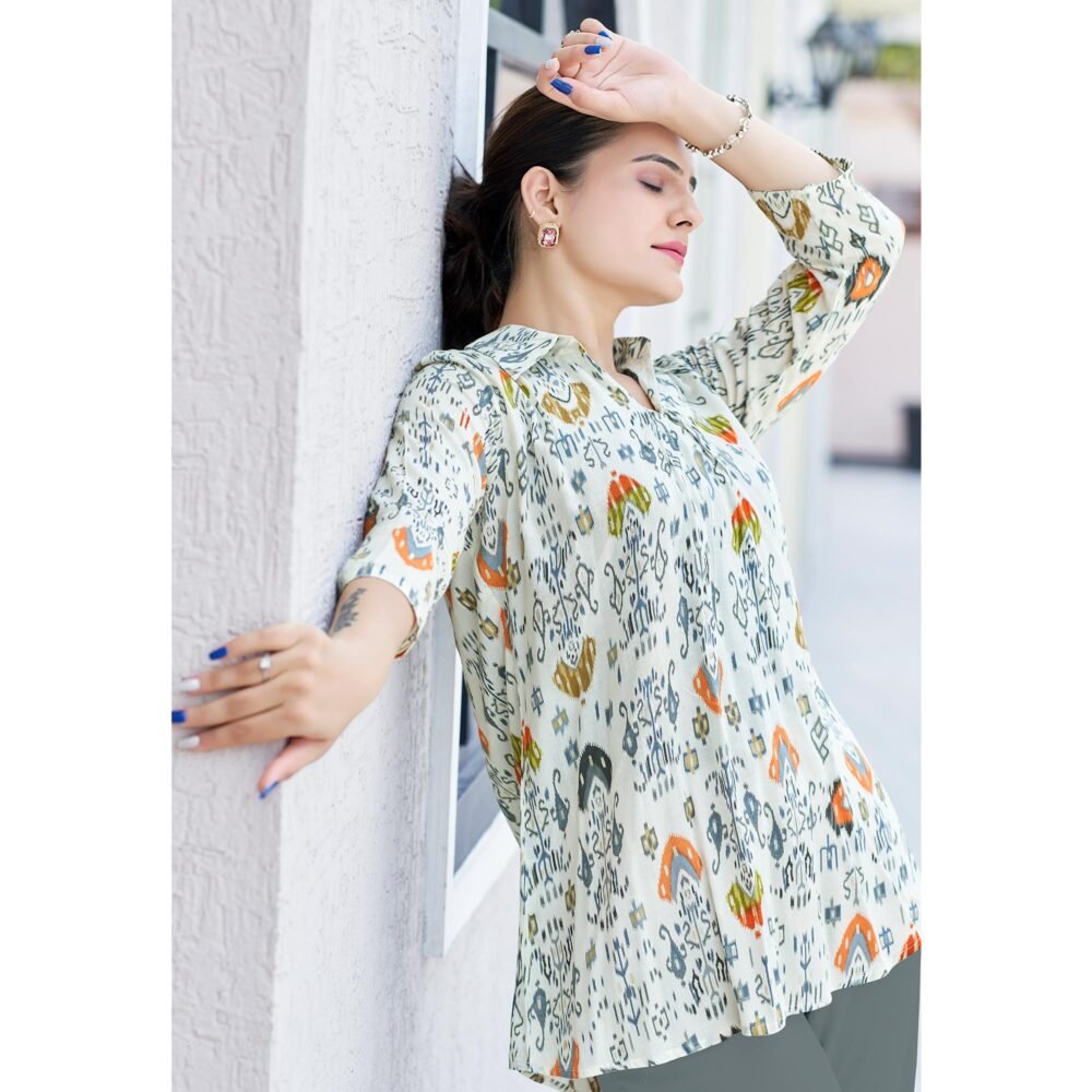 White & Orange Printed Chanderi Silk Top - Image 4