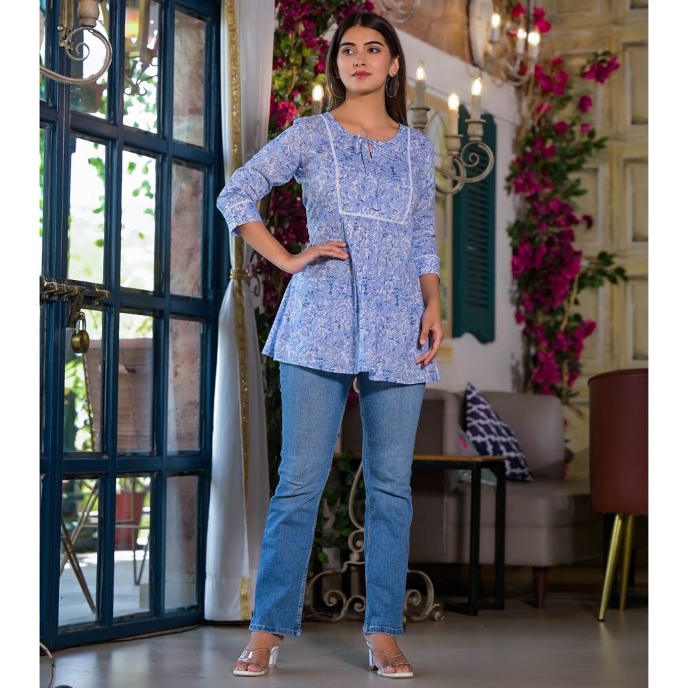 Blue Floral Printed Pure Cotton A-Line Top - Image 4
