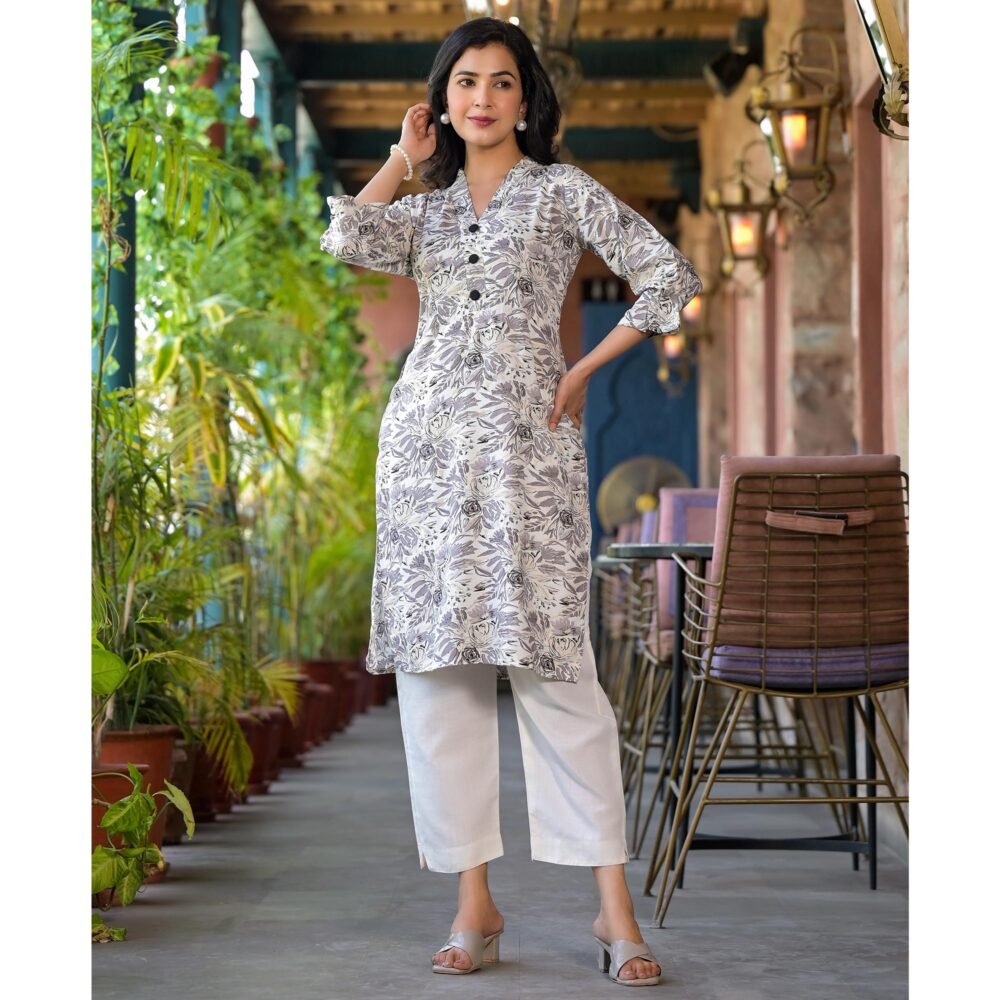 Grey Floral Printed Rayon Kurti - Image 4