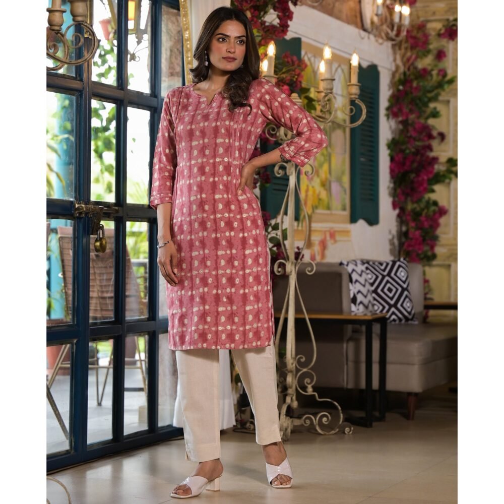 Pink Printed Rayon Straight Kurti - Image 5