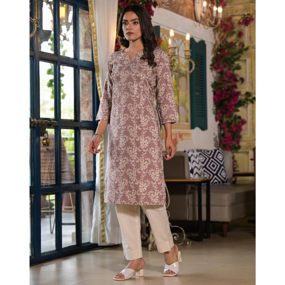 Brown Floral Printed Rayon Straight Kurti - Image 5