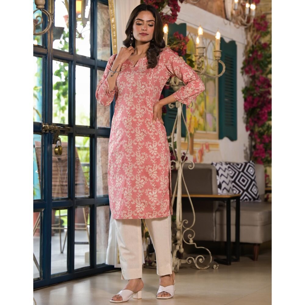 Peach Floral Printed Rayon Straight Kurti - Image 5