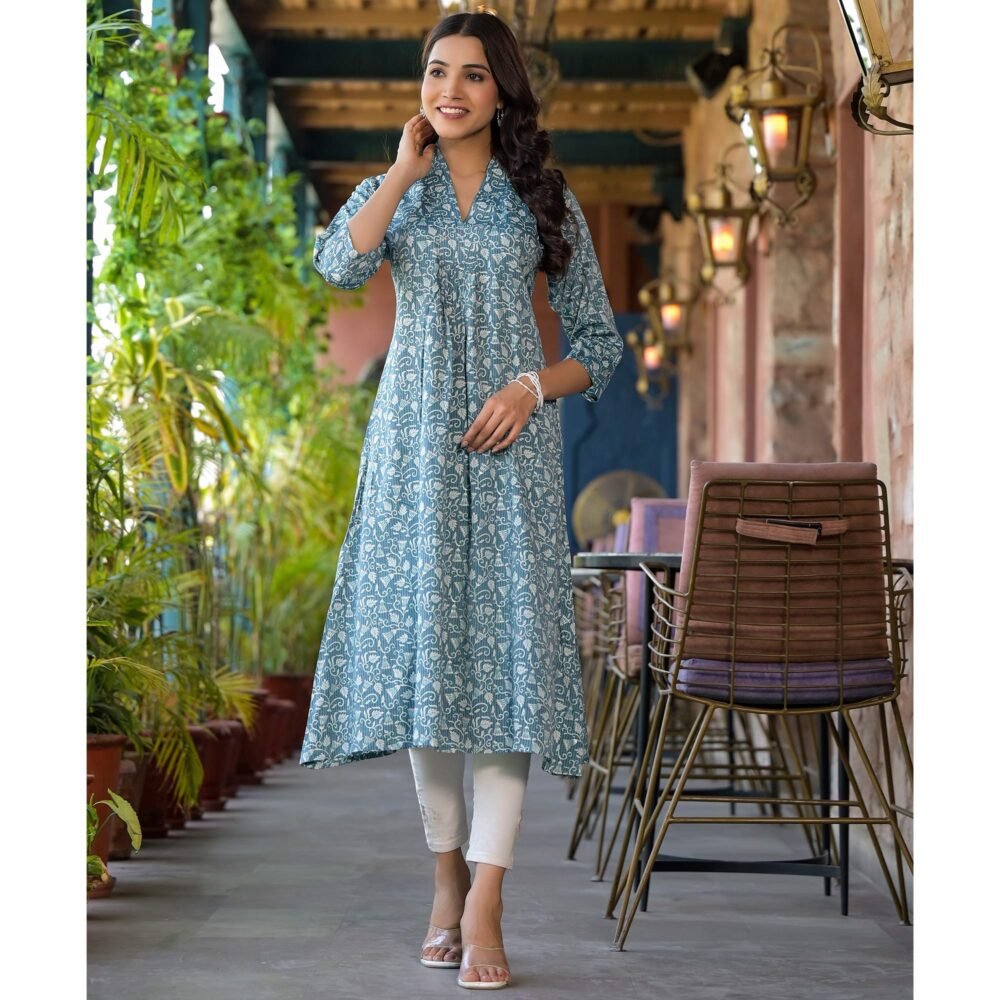 Turquoise Floral Printed Rayon A-line Kurti - Image 4