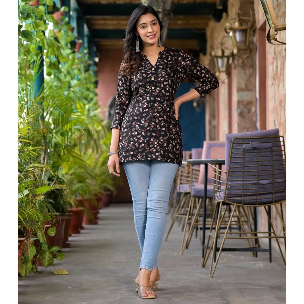 Black Floral Printed Rayon Straight Top - Image 5