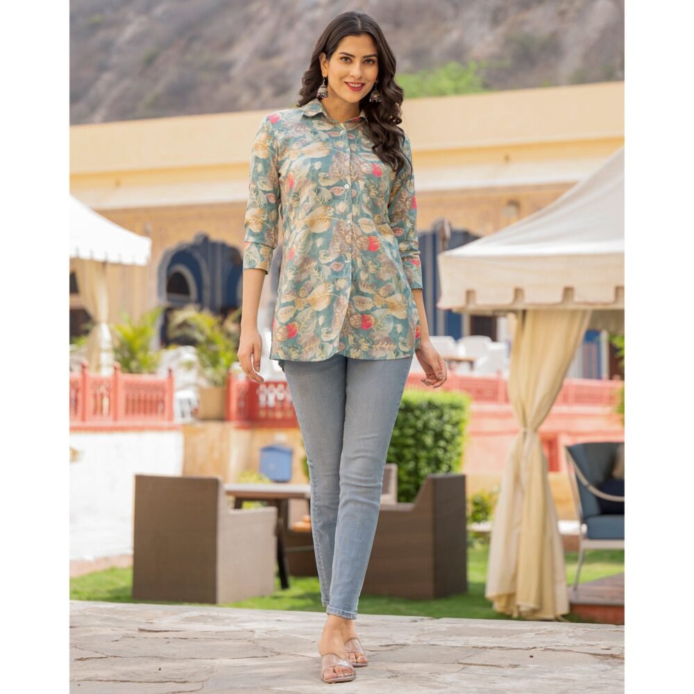 Blue Floral Printed Rayon Top - Image 4