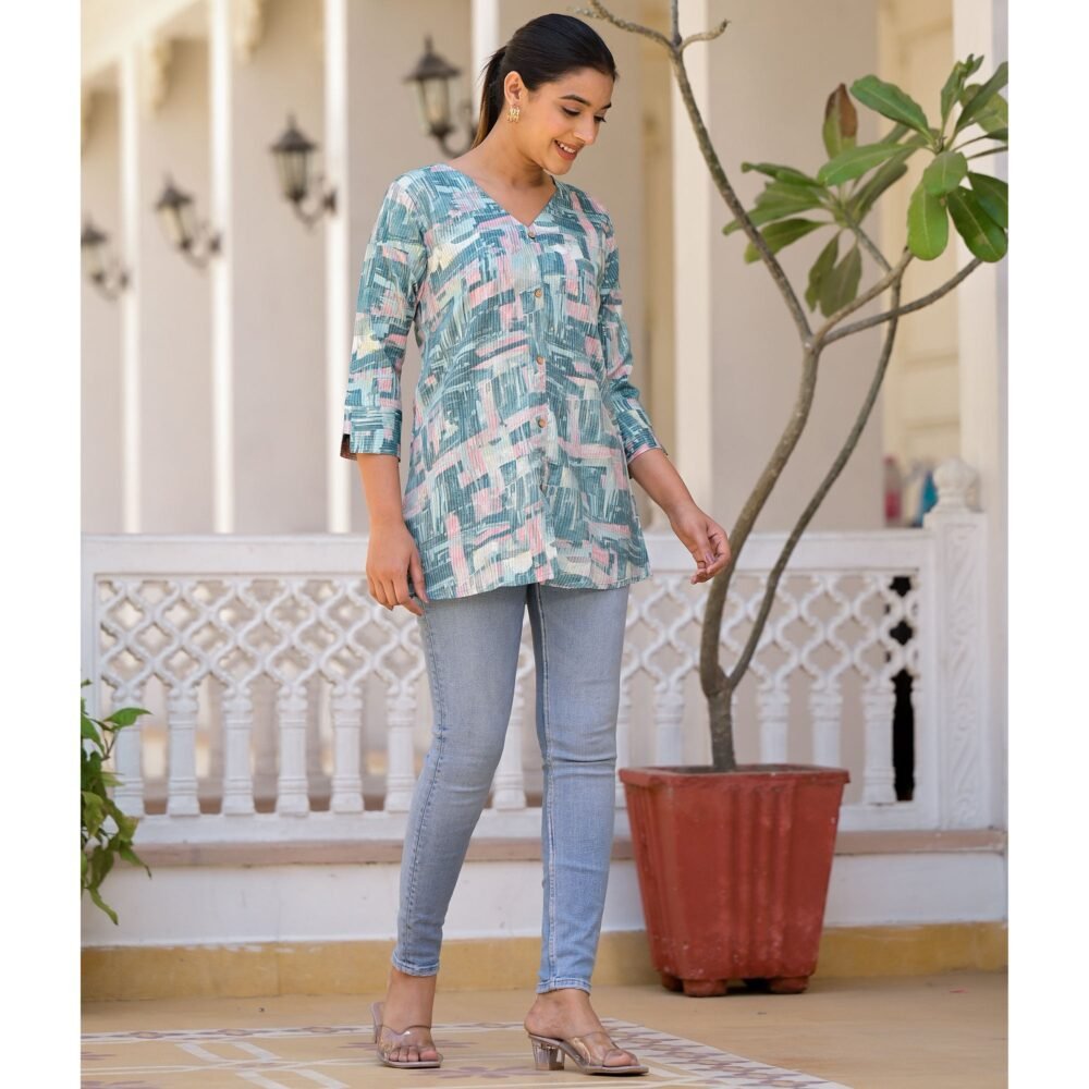 Blue Printed Rayon A-Line Top - Image 4