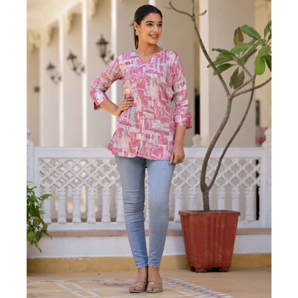 Pink Printed Rayon A-Line Top - Image 4
