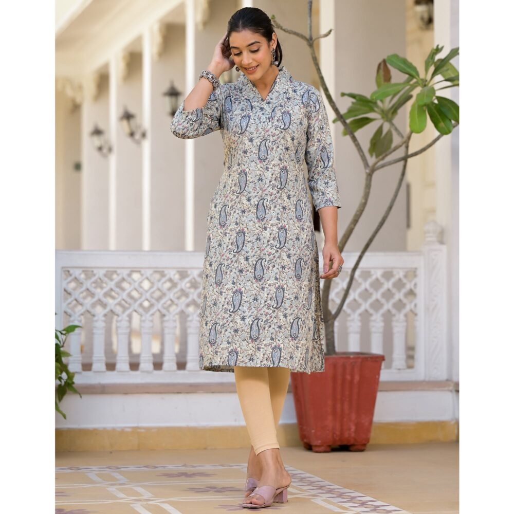 Blue Floral Printed Rayon Straight Kurti - Image 4