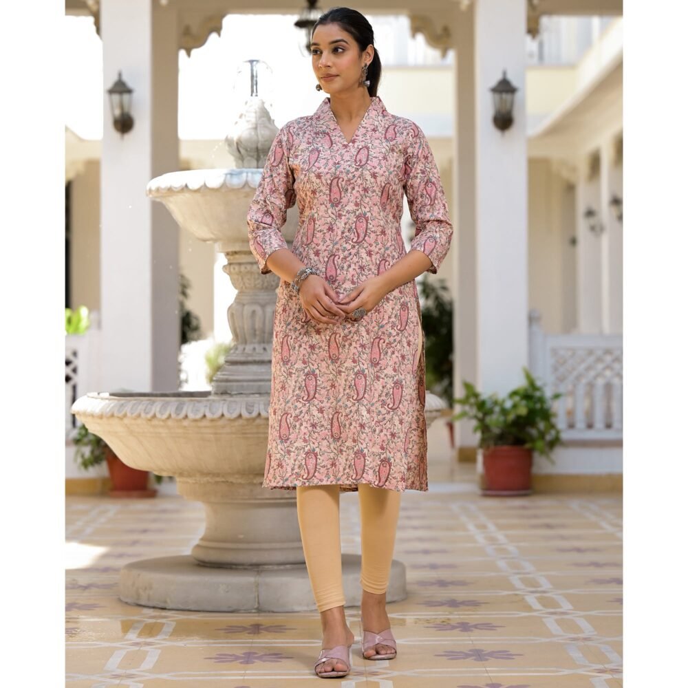 Pink Floral Printed Rayon Straight Kurti - Image 4