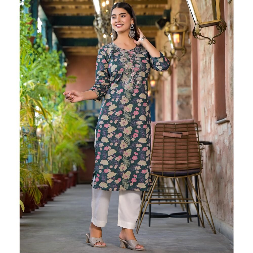 Green Floral Printed Pure Cotton Straight Kurti - Image 4