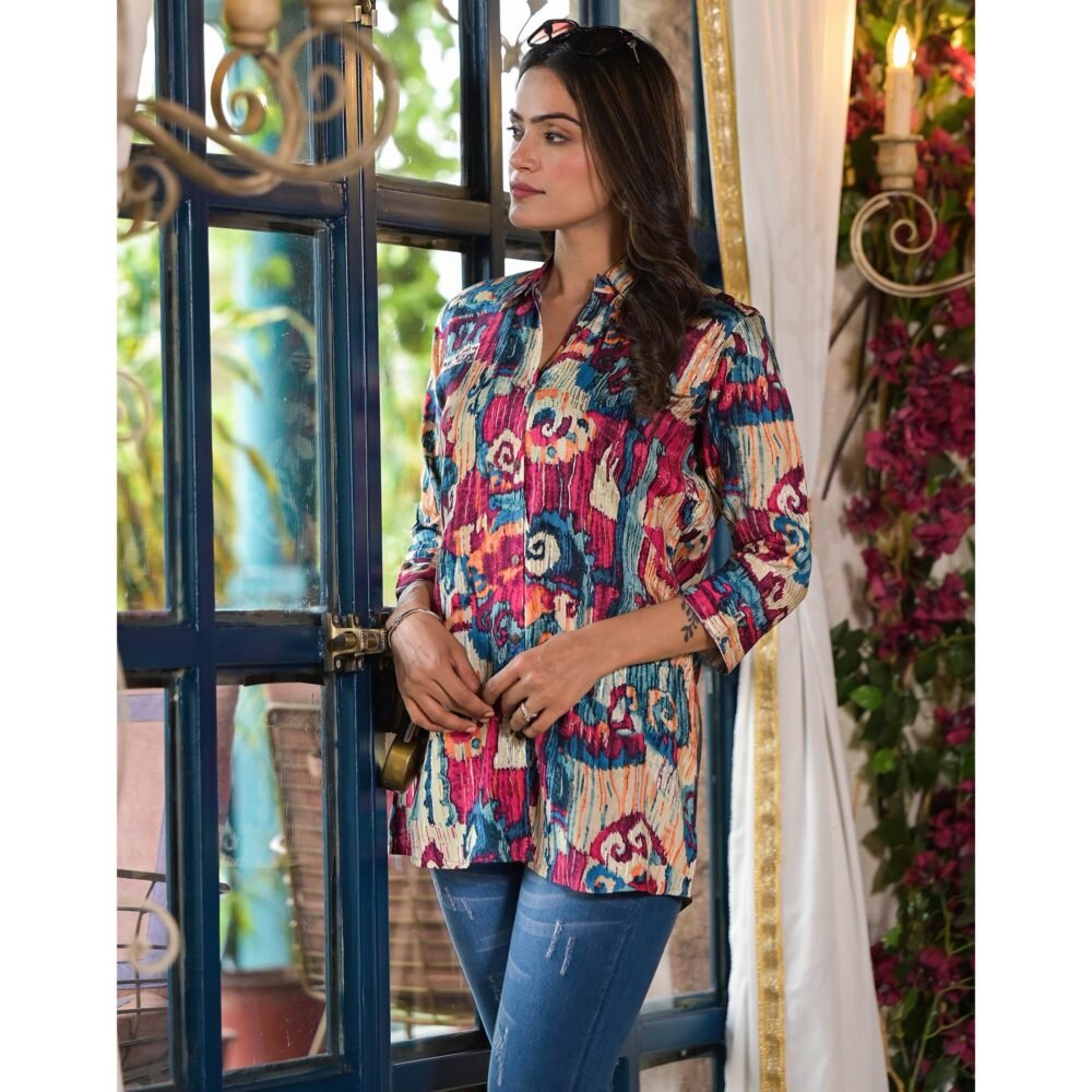 Blue & Pink Printed Muslin Top - Image 4