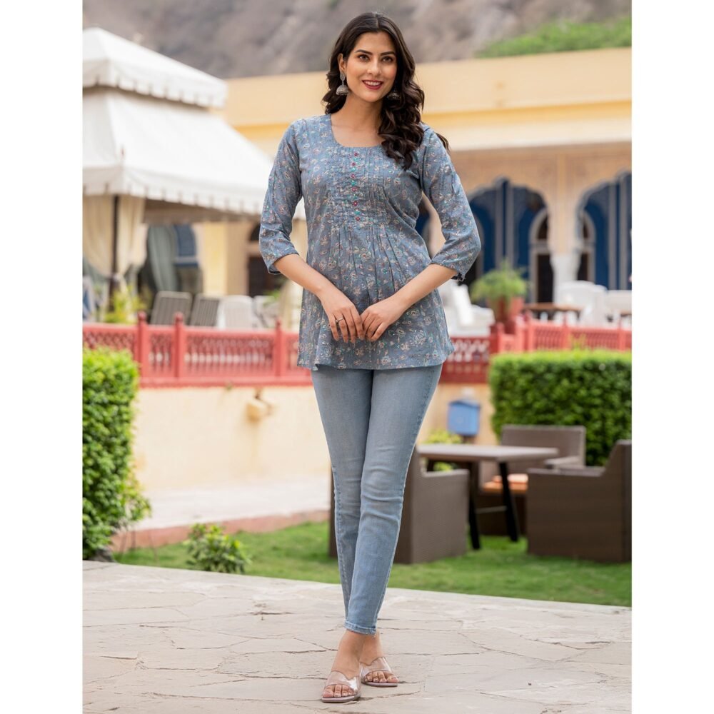 Blue Floral Printed Pure Cotton Top - Image 4