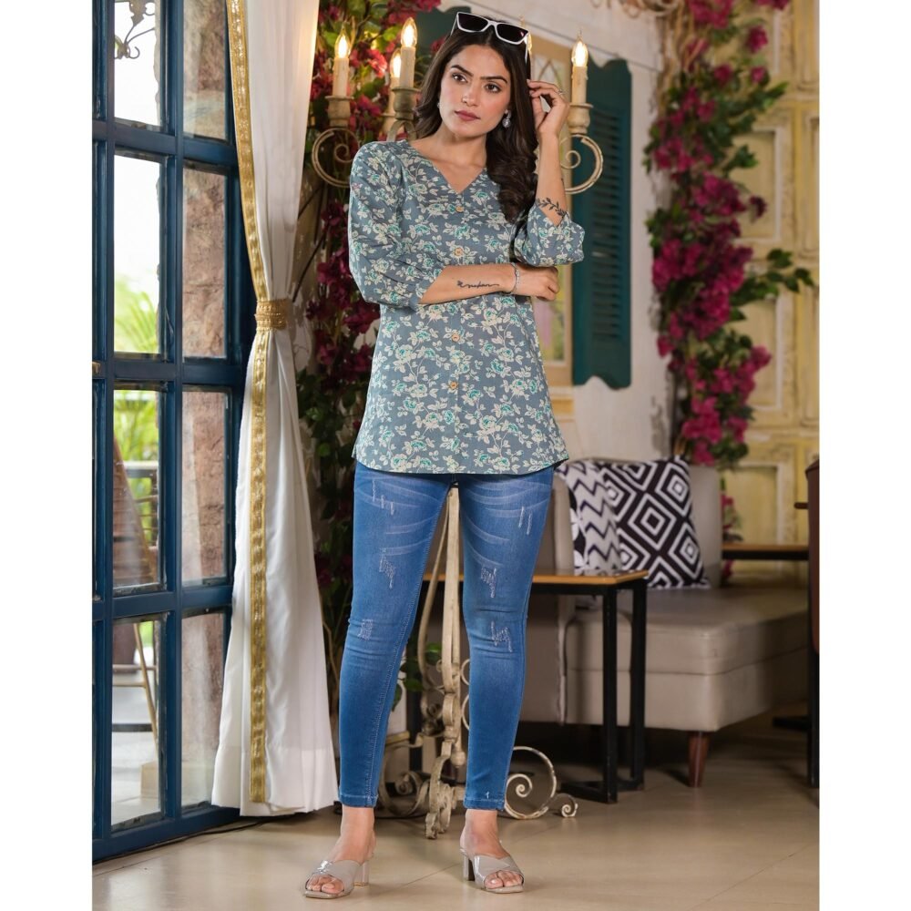 Grey Floral Printed Pure Cotton Top - Image 5