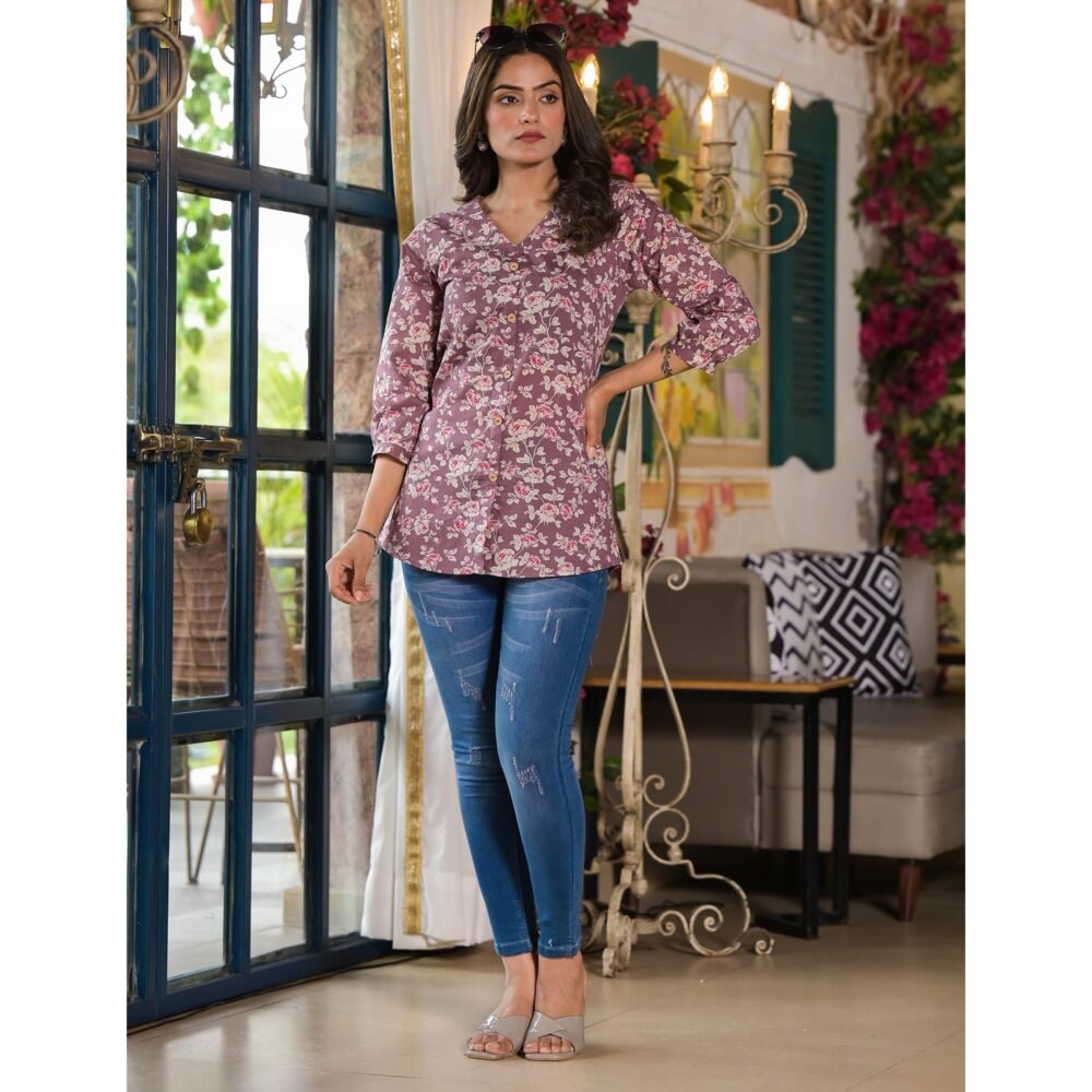 Plum Red Floral Printed Pure Cotton Top - Image 5