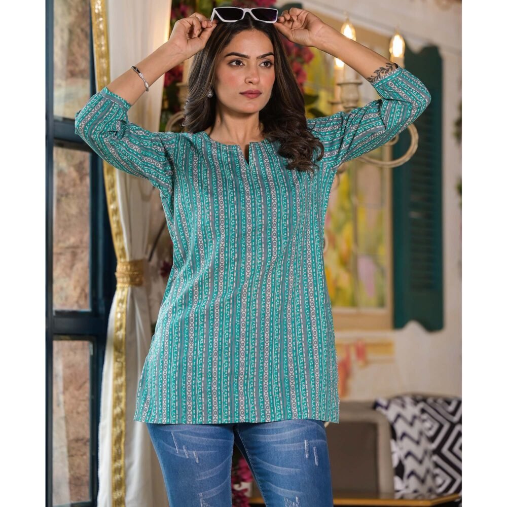 Turquoise Printed Pure Cotton Top - Image 5