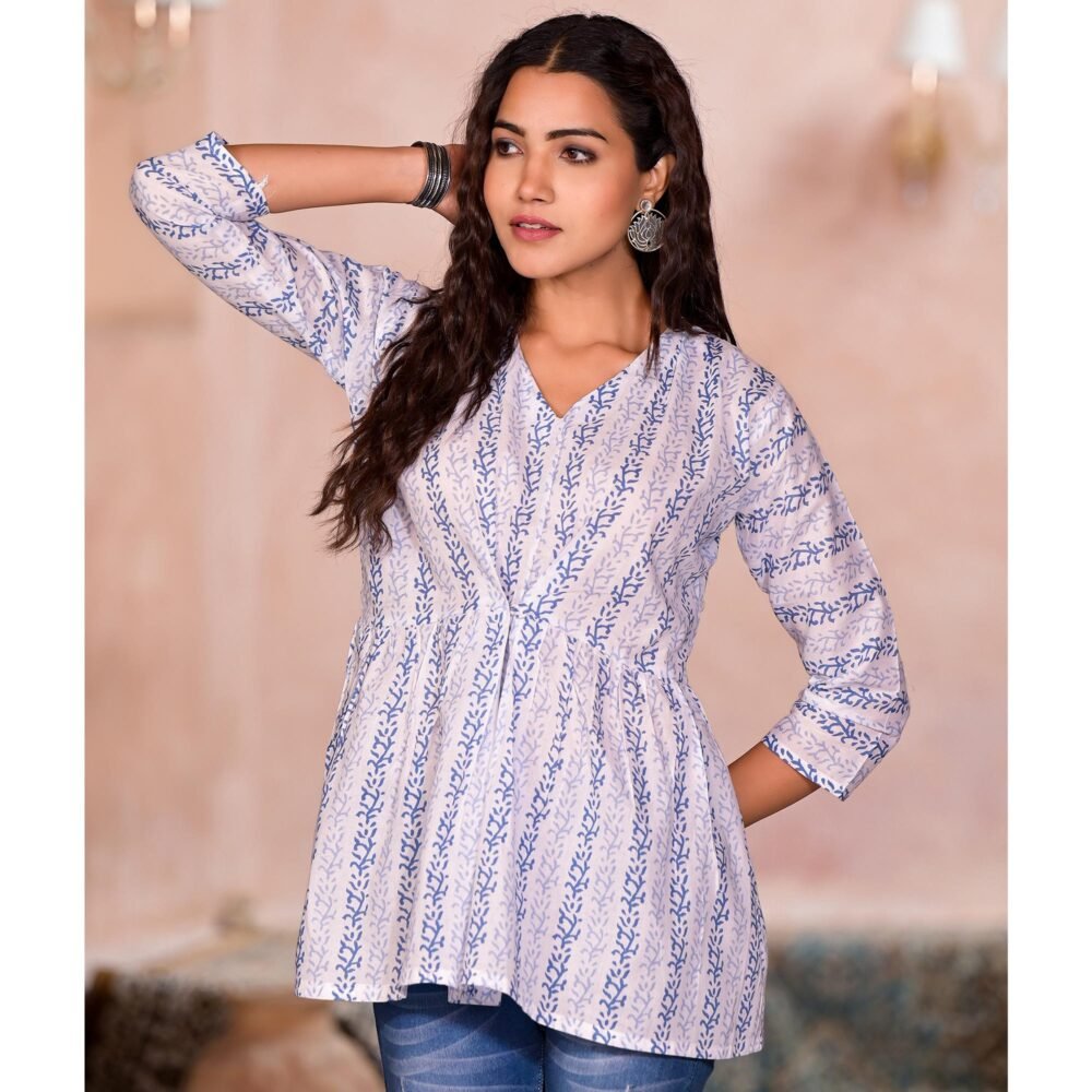 White & Blue Printed Pure Cotton A-Line Top - Image 4