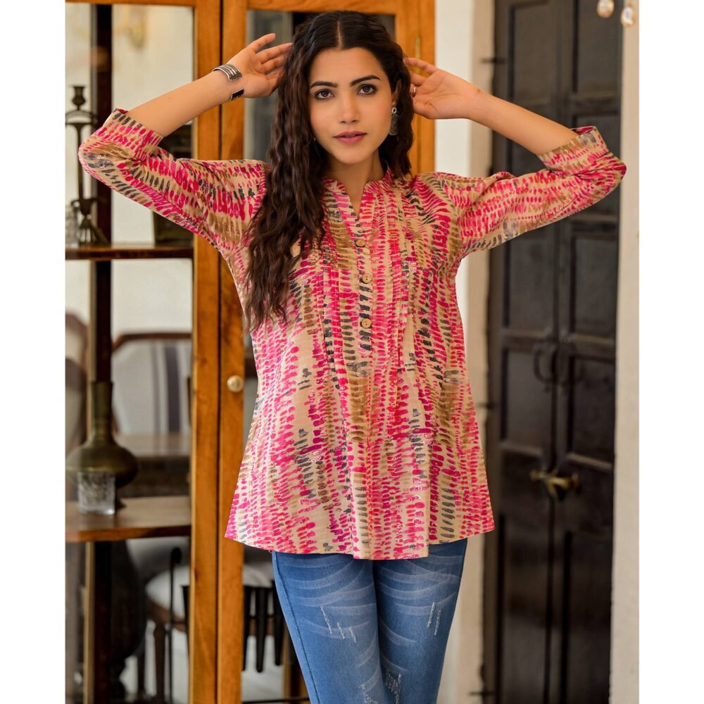 Rani Pink Foil Printed Pure Cotton A-Line Top - Image 4