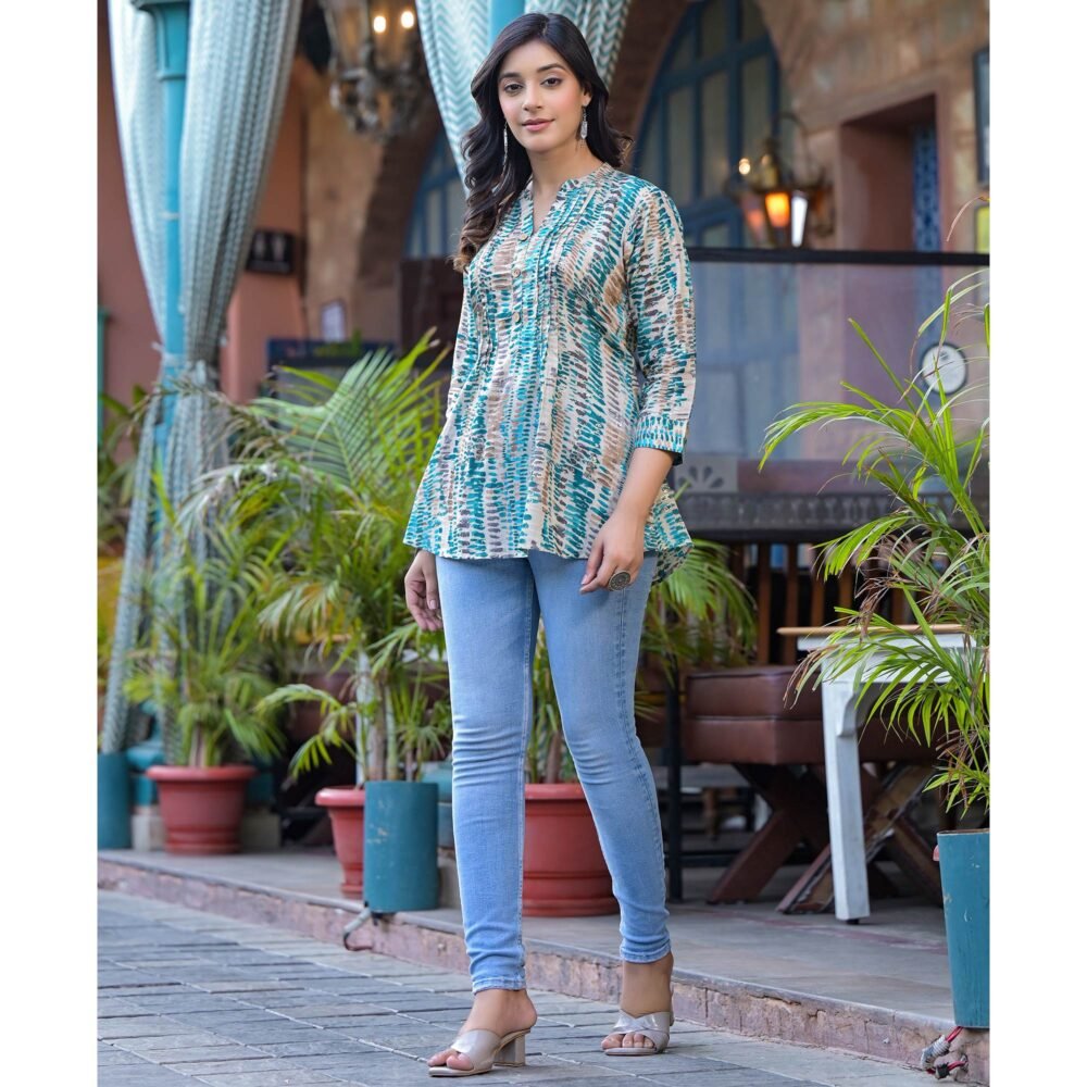 Turquoise Foil Printed Pure Cotton A-Line Top - Image 4