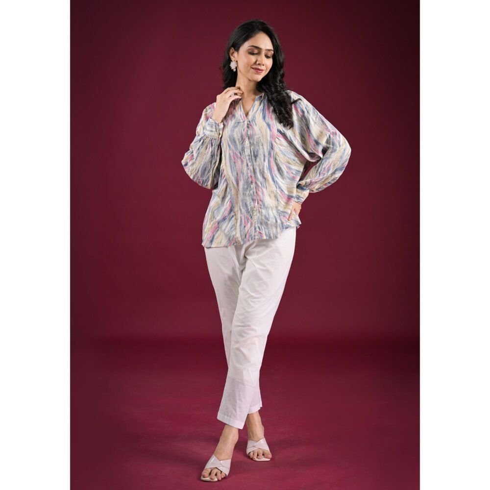 Blue Foil Printed Chanderi Silk A-Line Top - Image 4