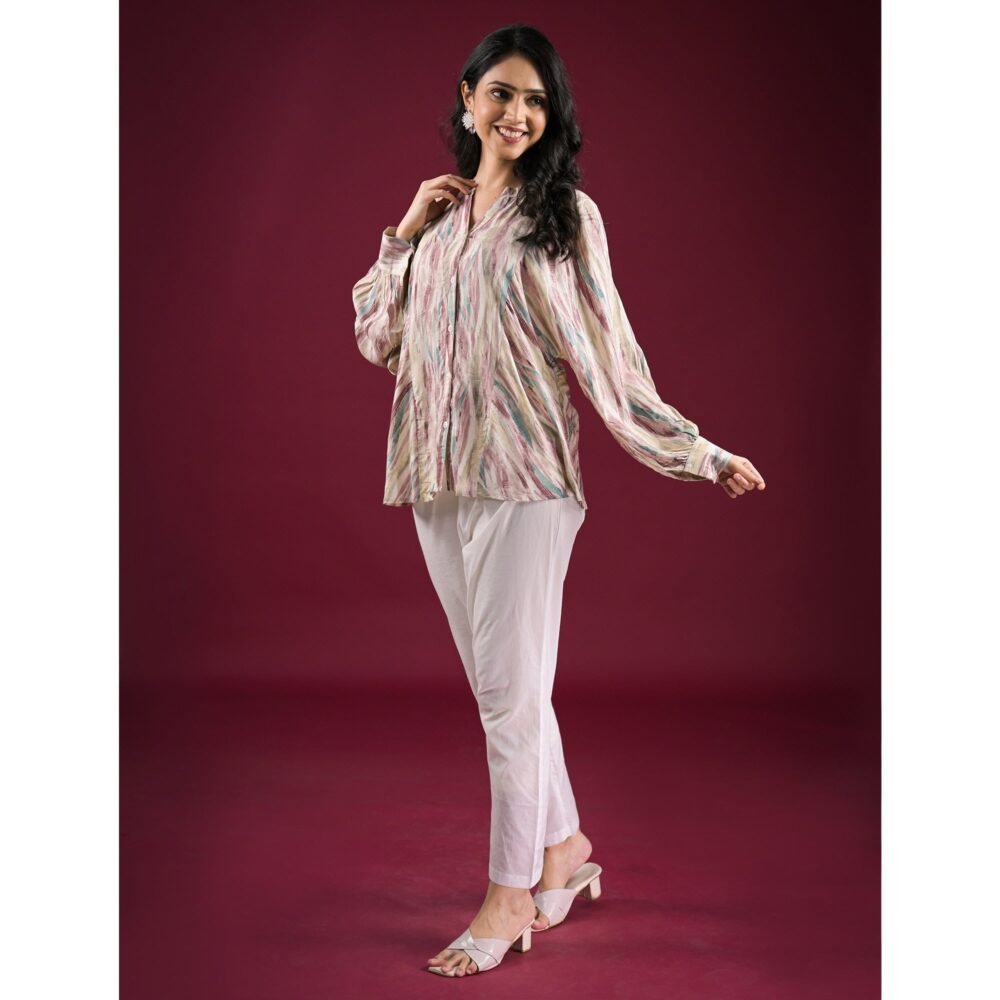 Turquoise Foil Printed Chanderi Silk A-Line Top - Image 4